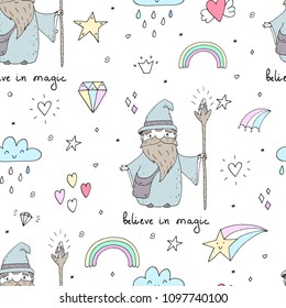 Cute hand drawn seamless pattern with Wizard. vector print