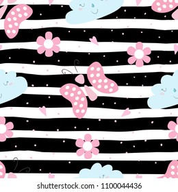 Cute hand drawn seamless pattern with Butterfly and cloud vector illustration