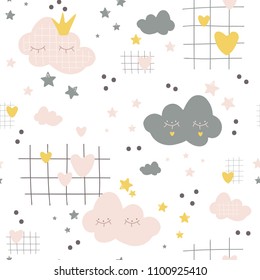 Cute hand drawn seamless pattern with clouds, stars and hearts. Baby stylish background. Vector illustration. Kids design. Scandinavian style