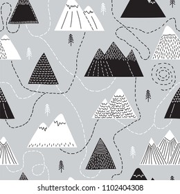 Cute hand drawn seamless pattern with trees and mountains. Creative scandinavian woodland background. Forest. Stylish sketch. Vector illustration