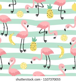 Cute hand drawn seamless pattern with pink flamingo. Vector illustration.