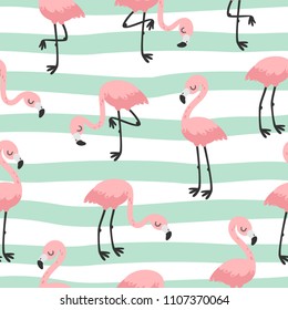 Cute hand drawn seamless pattern with pink flamingo. Vector illustration.