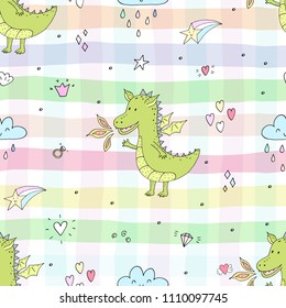 Cute hand drawn seamless pattern with funny dragons