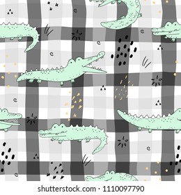 Cute hand drawn seamless pattern with funny crocodiles.