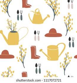 Cute hand drawn seamless pattern with garden tools and flowers. Freehand style vector illustration. Trendy colors background. Good for surface design