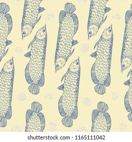 Cute hand drawn seamless pattern with arowana fish, seaweed and seashells. Vector  