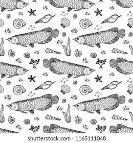 Cute hand drawn seamless pattern with arowana fish, seaweed and seashells. Vector  