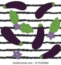 Cute hand drawn seamless pattern with eggplant vegetables. Eggplant with leaves and flowers. Vector illustration in flat design.