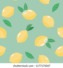 Cute hand drawn seamless pattern with lemons. Citrus fruits with leaves and flowers. Vector illustration in flat design.