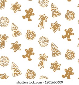 Cute Hand drawn seamless pattern with cookie. Gingerbread on white background repeating wallpaper. Vector design for Christmas season.