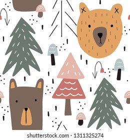 Cute hand drawn seamless pattern with bears in forest. Scandinavian style background. Perfect for kids design. Vector illustration