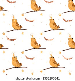 Cute hand drawn seamless pattern with animals (bird) character in magic scandinavian style with floral elements for kids.