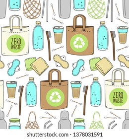 Cute hand drawn seamless pattern of no plastic, zero waste concept, eco lifestyle, go green theme