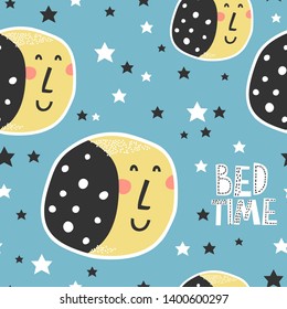 Cute hand drawn seamless pattern with moon and stars. Nursery print design. For textile or wall design.