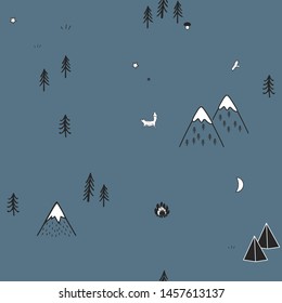 Cute hand drawn seamless pattern with camping tents, fire, trees, and mountains. Creative scandinavian woodland background. Forest. Stylish sketch. Vector illustration