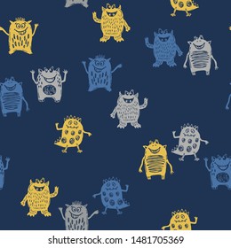 Cute hand drawn seamless pattern with silhouettes of monsters. Can be used as children design clothes or other printable stuff.