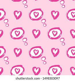 Cute hand drawn seamless pattern with clouds with hearts. Pink kawaii background. Valentine's Day, romantic vector wallpaper. 