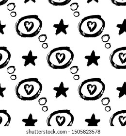 Cute hand drawn seamless pattern with clouds with hearts and stars. Black and white background.Vector wallpaper.	