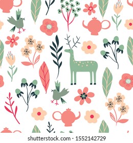 Cute Hand Drawn Seamless Pattern With Birds, Deer, Teapots Flowers And Leaves. Lovely Print. White Background. Vector Illustration.