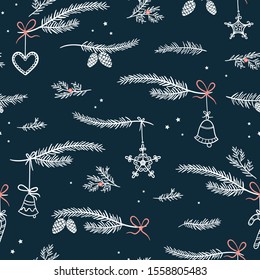 Cute hand drawn seamless pattern with fir branches and hanging decoration, great for christmas banners, wallpapers, wrapping, textiles - vector design