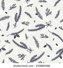 Cute hand drawn seamless pattern with fir branches and hanging decoration, great for christmas banners, wallpapers, wrapping, textiles - vector design
