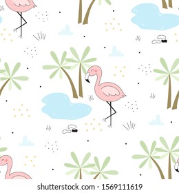 Cute hand drawn seamless pattern with pink flamingo. Vector print