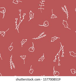 Cute hand drawn seamless pattern of graphic leaves and herbal elements. Doodle vector illustration for boho style wedding design, logo, posters and greeting cards.