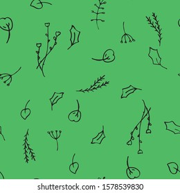 Cute hand drawn seamless pattern of graphic leaves and herbal elements black at green background. Doodle vector illustration for boho style wedding design, logo, posters and greeting cards.