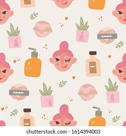 Cute hand drawn seamless pattern. Vector illustration in flat style. . Girl's character face winks and smiles. Cosmetics, bath bomb, aloe, flower pot, body lotion. Home spa relaxation, skincare.