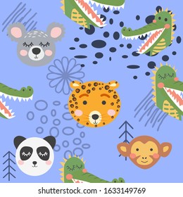 Cute hand drawn seamless pattern with wild animals in scandinavian style.