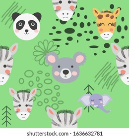 Cute hand drawn seamless pattern with wild animals in scandinavian style.
