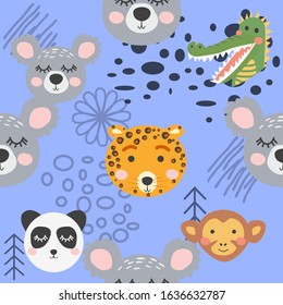 Cute hand drawn seamless pattern with wild animals in scandinavian style.