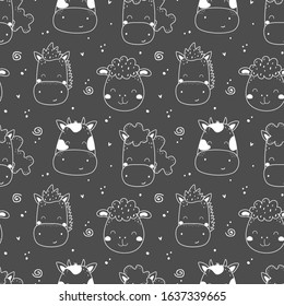 Cute Hand drawn seamless pattern with farm animals. Vector cow, horse, sheep, donkey.