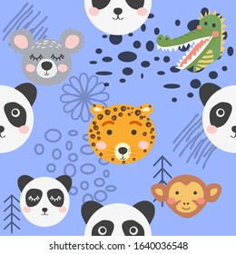 Cute hand drawn seamless pattern with wild animals in scandinavian style.