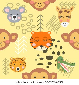 Cute hand drawn seamless pattern with wild animals in scandinavian style.