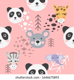 Cute hand drawn seamless pattern with wild animals in scandinavian style.