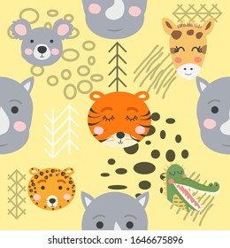 Cute hand drawn seamless pattern with wild animals in scandinavian style.