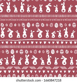 Cute hand drawn seamless pattern with bunnies, easter eggs, flowers and butterflies, great for banners, wallpapers, websites, cards - vector design