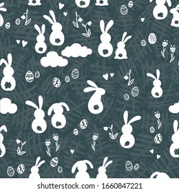 Cute hand drawn seamless pattern with bunnies, easter eggs, flowers and butterflies, great for banners, wallpapers, websites, cards - vector design