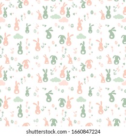 Cute hand drawn seamless pattern with bunnies, easter eggs, flowers and butterflies, great for banners, wallpapers, websites, cards - vector design