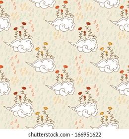 cute hand drawn seamless pattern with rainy cloud, flowers and birds, vector illustration