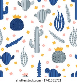 Cute hand drawn seamless pattern with cacti and succulent. Texture design perfect for fabric, wrapping paper, textile or wallpaper. Vector illustration