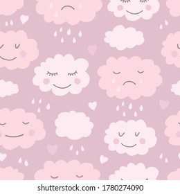 Patrón suave dibujado a mano con nubes. Antecedentes para niños con nubes sonrientes. Ilustración del vector