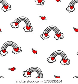 Cute hand drawn seamless pattern with love doodles elements: rainbow and heart with arrow. Vector background. Happy Valentine's day theme. 