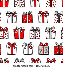 Cute hand drawn seamless pattern with gift boxes and love doodles elements. Vector background. Happy Valentine's day theme. 