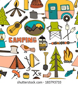 Cute Hand Drawn Seamless Pattern With Camping Gear 