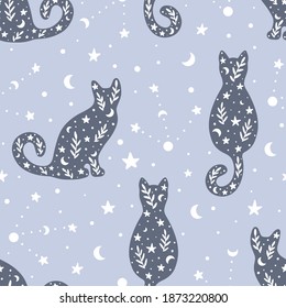 Cute hand drawn seamless pattern with cats and celestial elements in bohemian style. Hand drawn Scandinavian style vector illustration.