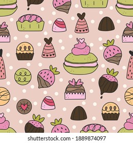 Cute hand drawn seamless pattern with chocolate, candy, macarone, strawberry, dessert.
