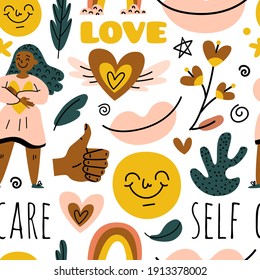 Cute hand drawn seamless pattern. Positive black woman, doodle funny elements. Love, self care, positive, happiness concept. Happy texture for print, textile, wrapping paper. Vector stock Eps pattern