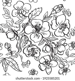 Cute hand drawn Seamless pattern with sakura flowers. Cherry tree. Black and white illustration on a white background.Vector illustration.